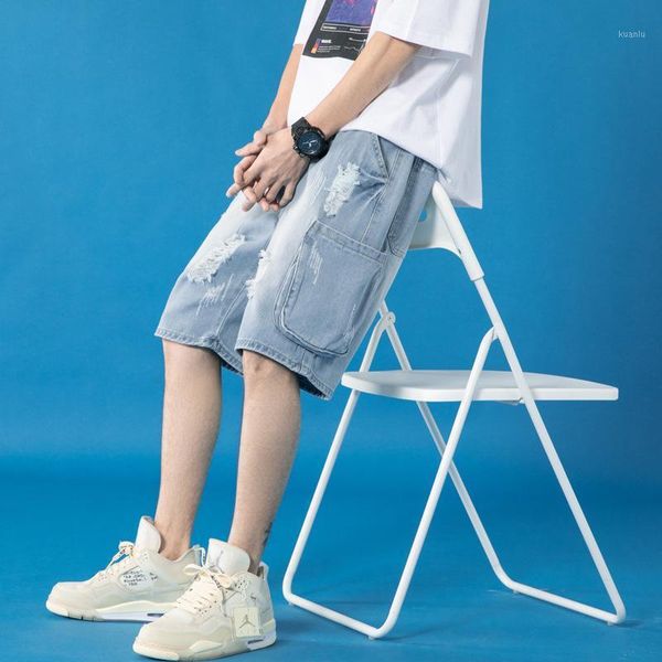 

men's jeans tooling 2021 korean xiaxin large hole scraping beggar shorts, Blue