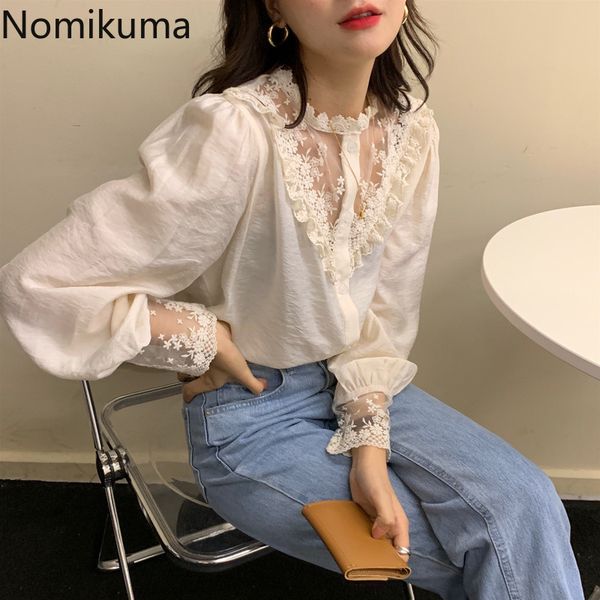 

nomikuma elegant vintage stand collar long sleeve shirts lace patchwork see through fashion blouse women blusas 3a236 210514, White