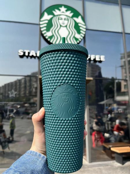 

2021 starbucks studded cup tumblers 710ml dark green plastic mugs with straw factory supply