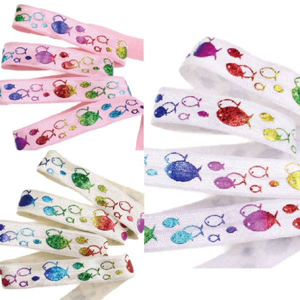 

100yards 5/8" hologram rainbow foil fish foe ribbon fold over elastic ocean series welcome custom design, Pink;blue