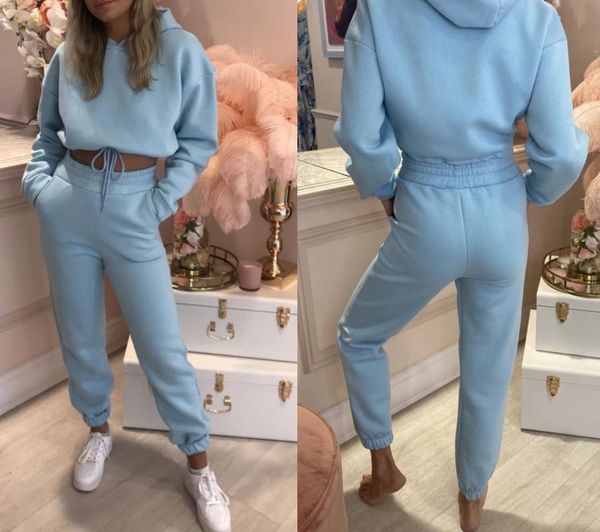 

women's two piece pants fashion women sportswear set long trousers hooded sweatshirt drawstring short light blue trucksuit casual, White