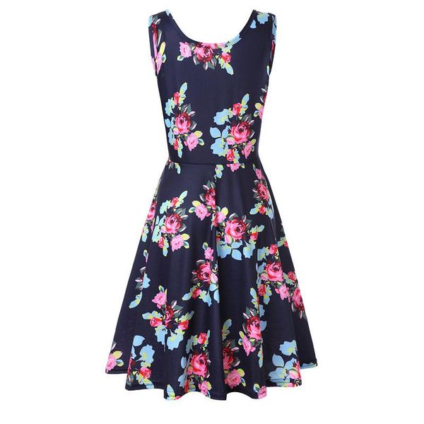 

casual dresses summer rose flower print dress women o-neck sleeveless tank big hem black a-line, Black;gray