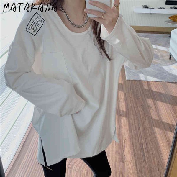 

matakawa lined base woman tshirts plush korean round neck loose long sleeve tee split o-neck t-shirt women fashion 210513, White