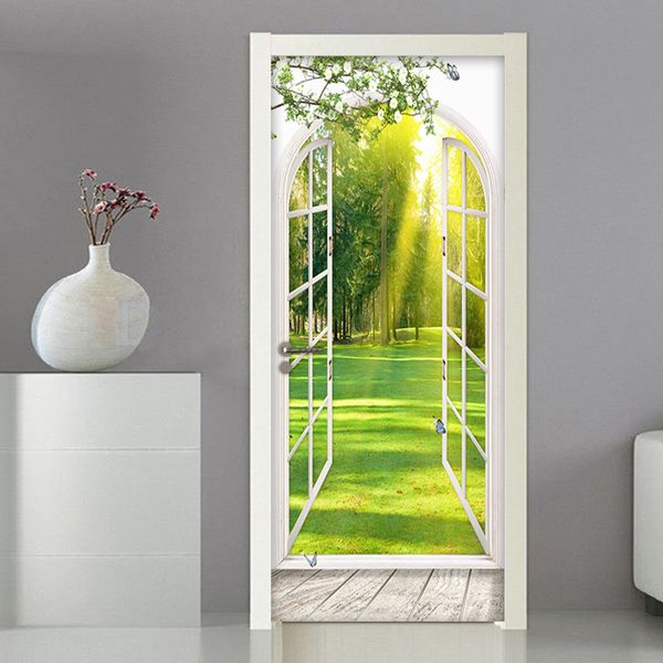 3D Window Sunlight Green Trees Landscape Door Sticker Wall Painting Wall Decals Living Room Bedroom Self-adhesive Door Wallpaper 210317