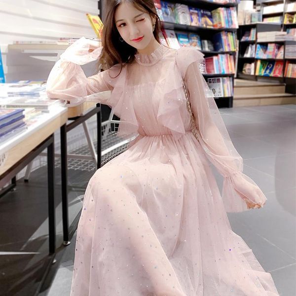 

casual dresses heydress 2021 spring women solid lantern sleeve lace lady sweet a-line shiny mesh female high waist vestido, Black;gray
