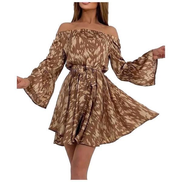 

casual dresses tie-dye lacing woman dress off shoulder one-word neck long sleeve knee-length loose women ropa mujer, Black;gray