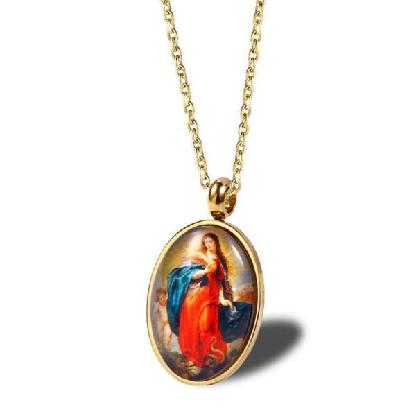 

chains stainless steel gold oval virgin mary mama christ baby jesus pendant glass necklace jewelry gift for him with chain, Silver