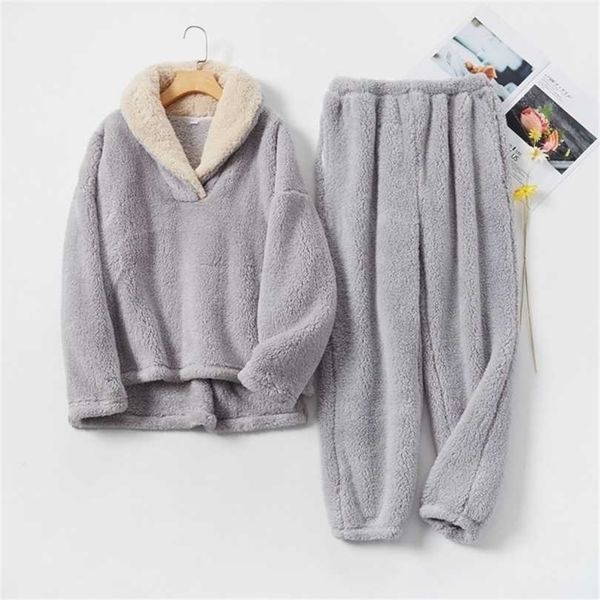 

july's song flannel winter pajamas set thickening 2 piece sleepwear casual loose warm homewear coral fleece nightwear 211116, Black;red