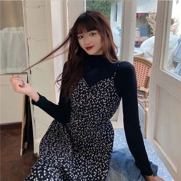 

2021 spring new slim floral dress suspender long over knee skirt, Black;gray