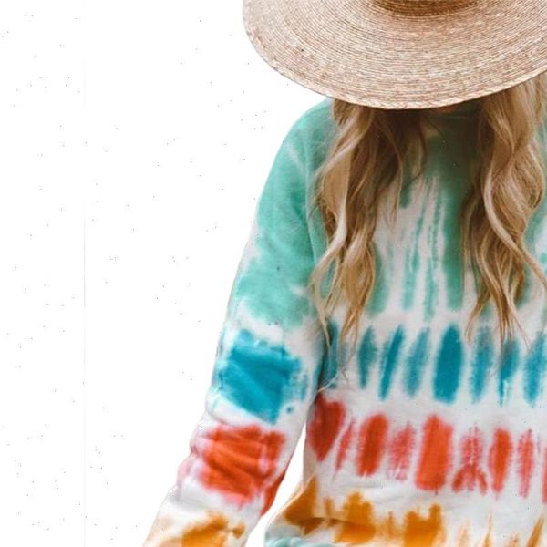 

casual rainbow tie dye print womens dresses sweatshirt long sleeve o neck mini female straight autumn, Black;gray
