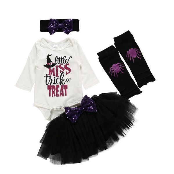 

4pcs baby girls halloween clothes cute print long sleeve romper + tulle tutu skirt + leg warmer + bow headband outfits set, White