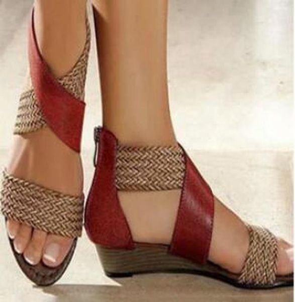 

sandals fashion summer women's fish mouth leather canvas women weave wedge heel shoes zipper casual beach roman, Black