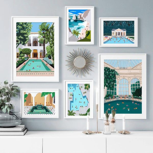 

paintings cartoon swimming pool summer seaside vacation illustration canvas painting wall art poster prints picture living room home decor