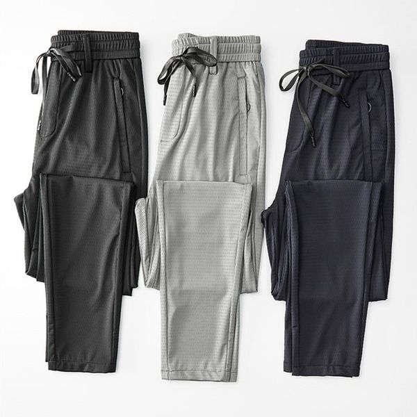 

men's pants thin summer joggers men mesh ice silk stretch streetwear sport casual drawstring for black 2021