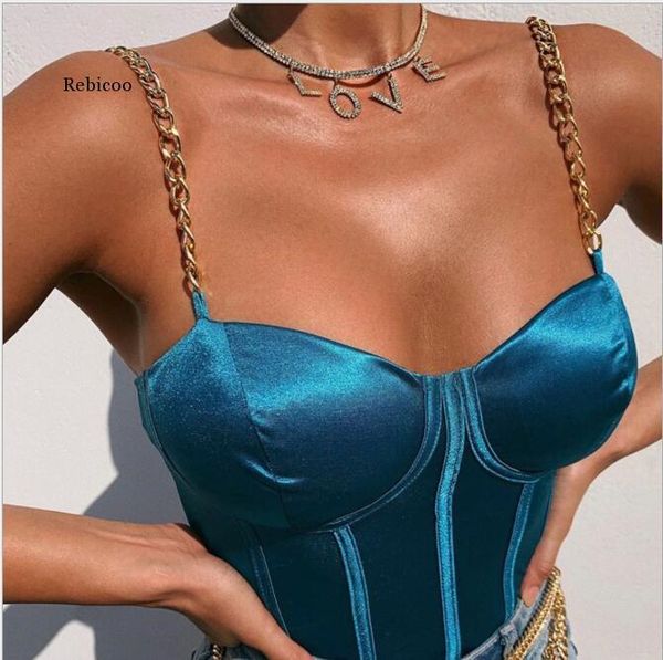 

women's tanks & camis crop tank women chain satin bustier backless zipper strap padded cropped 2021 summer female casual black, White
