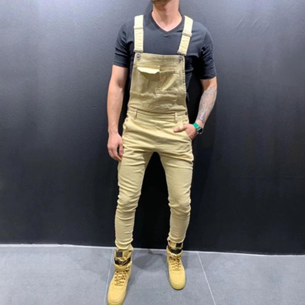 

men's jeans 2021 harness denim jumpsuit autumn casual solid color slim pocket decorative trousers, Blue