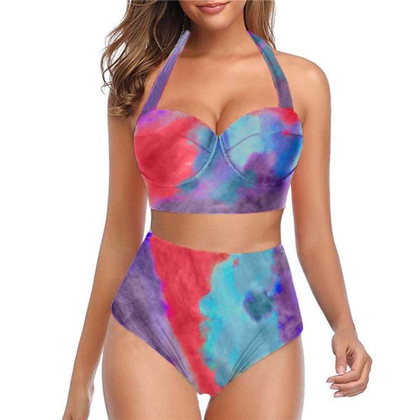 

women's swimwear two piece bikini suits swimsuit tie-dyed off shoulder split underwear bathing suit for female, White;black