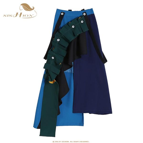 

skirts sishion irregular high streetwear women skirt wf0241 fashion waist patchwork blue long midi elastic, Black