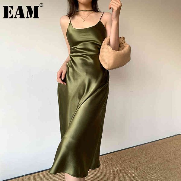 

[eam] women black green slim satin casual dress round neck spaghetti strap loose fit fashion spring summer 1dd6253 21512, Black;gray