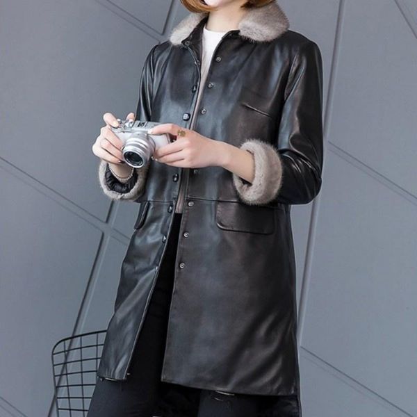 

women's leather & faux brand genuine down coat female 2021 collar single breasted sheepskin jacket winter warm overcoat, Black