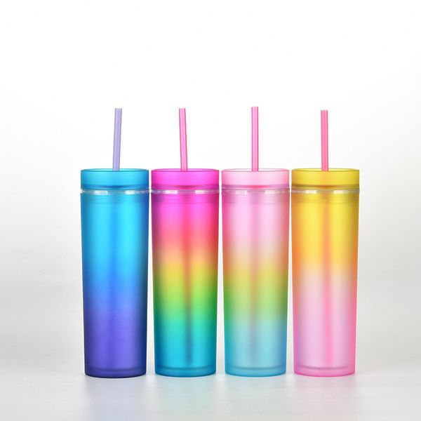 

16oz gradient rainbow color tumblers double layer plastic water bottle with straw cup outdoor portable juice mug