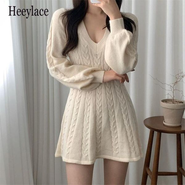 

casual dresses slim-fit knitted sweater mini dress close waist lantern sleeve v-neck 2021 ol prom femme autumn party elegant, Black;gray