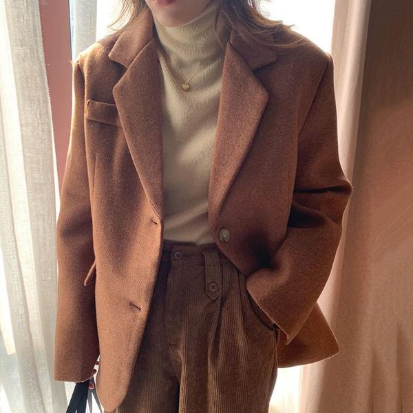 

women's suits & blazers [ewq] korean retro brown simple women autumn winter 2021 notched single breasted woolen suit jacket female 16r5, White;black