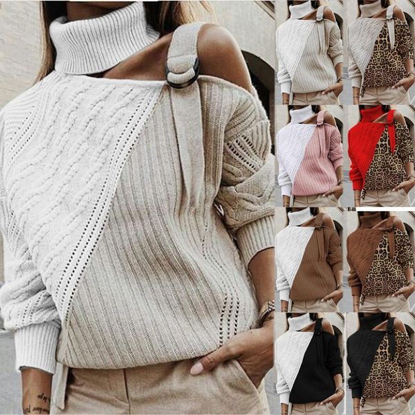 

women's sweaters yelite leopard patchwork turtleneck sweater women off shoulder color block knitted batwing pullover, White;black