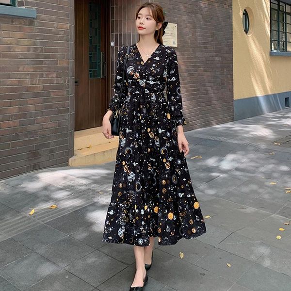 

casual dresses 2021 black floral chiffon elegant maxi dress autumn winter korean vintage women bodycon long sleeve party vestidos, Black;gray