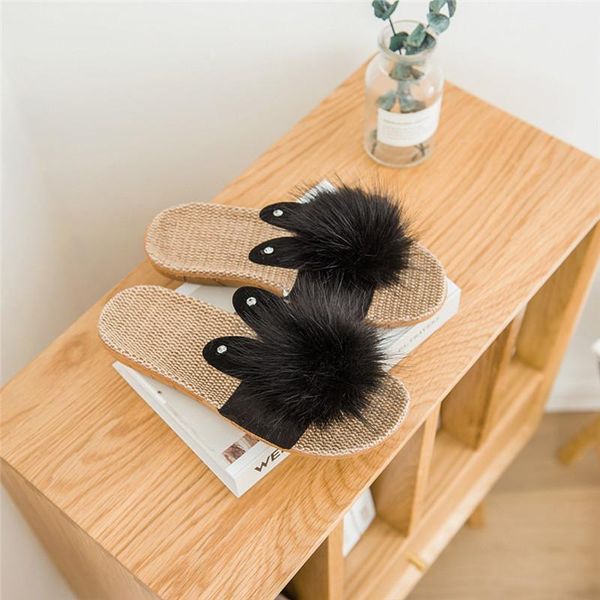 

slippers women summer casual slides comfortable flax faux fur linen flip flops platform sandals ladies indoor shoes #40, Black