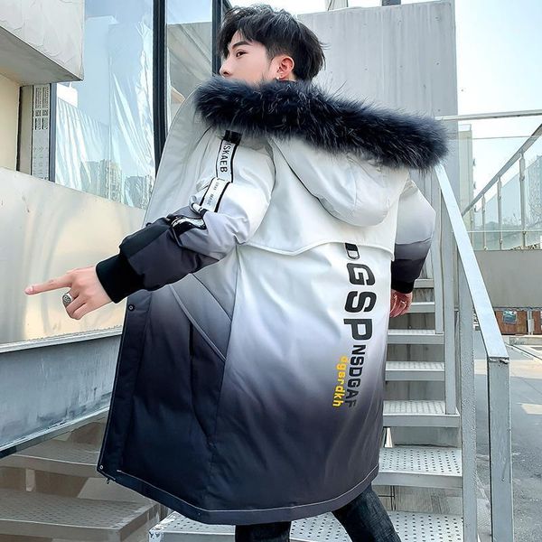 

winter men's medium and long style thickened youth tweed down hooded large wool collar cotton-padded jacket homme1, Black