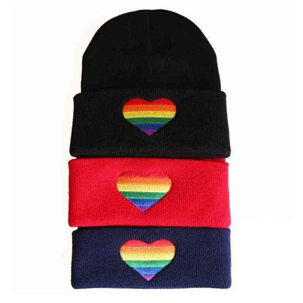 

women men rainbow heart embroidery knitted hat winter autumn pride lgbt outoodr hip hop cuffed beanies skull cap y21111, Blue;gray