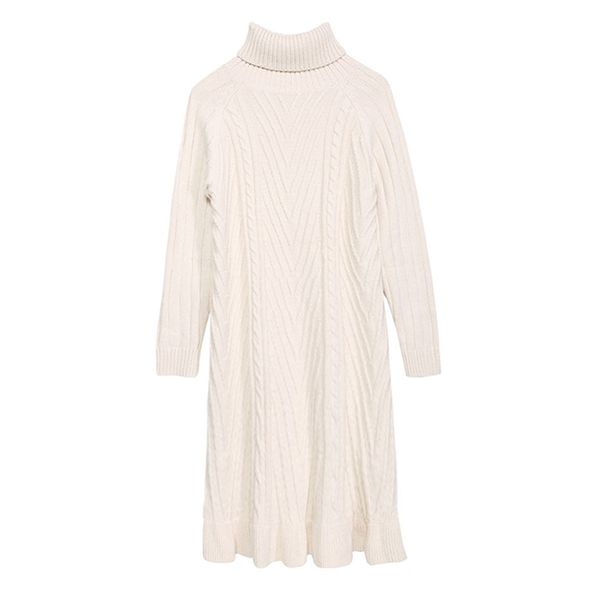 

women twisted knitted jacquard turtle neck long sleeve knee length dress brown apricot casual autumn winter d2209 210514, Black;gray