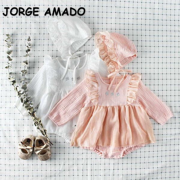 

spring baby girl bodysuit white pink embroidery flower ruffles jumpsuit with cap born cute style kids clothes e1009 210610, Blue