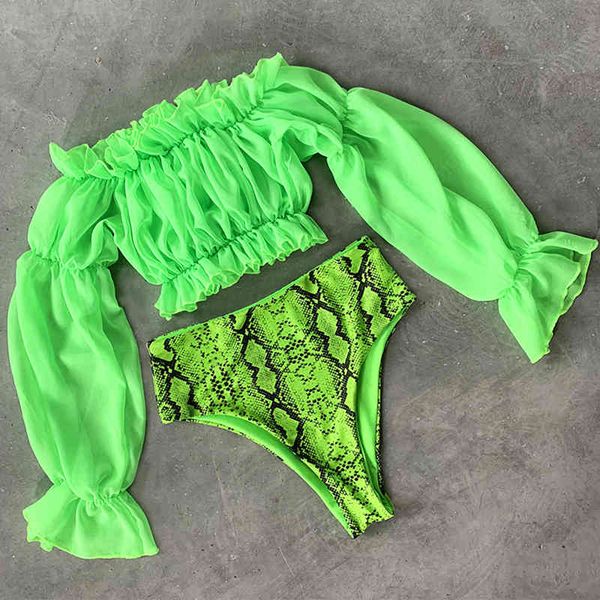

neon green off shoulder long sleeve bikini high waist swimsuit 2021 women mesh swimwear female bikini set snake bathing suitby