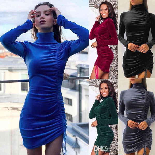 

women autumn and winter fashion long sleeve dress drawstring high collar skirt velvet office ladies bodycon midi party elegant vintage femal, Black;gray