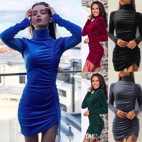 Frauen Herbst Und Winter Mode Langarm Kleid Kordelzug Hoher Kragen Rock Samt Büro Damen Bodycon Midi Party Elegante Vintage weibliche Kleid Vestidos