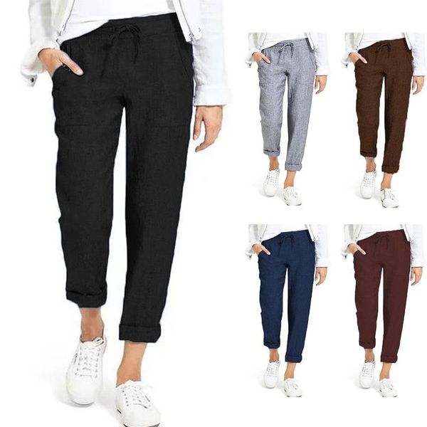 

women's pants & capris cotton linen women soft loose sports breathable slim ankle length trousers leisure fitness, Black;white