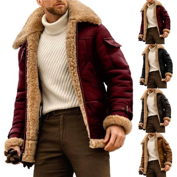 

men's wool & blends male jacket turn-down collar pockets polyester zipper closure winter coat for outdoor, Black