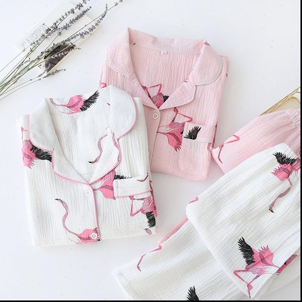 

100% cotton long sleeve pants womens sleepwears pajamas flamingo printing pijamas 2 piece suit loungewear thin crepe fabric home sleepwear, Black;red