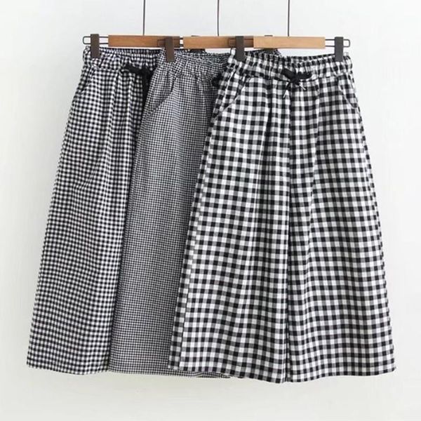 

black and white plaid womens shorts wide leg summer high waisted cotton lace up loose, White;black