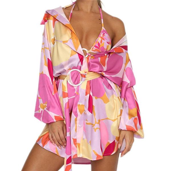 

casual dresses women shirt dress bohemian adults button-down solid color/printed pattern long sleeve v-neck with belt beachwear, Black;gray
