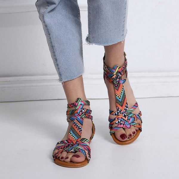 

zipper up leopord shoes ankle strap sandals women cross-tied flats open toe flocking summer, Black