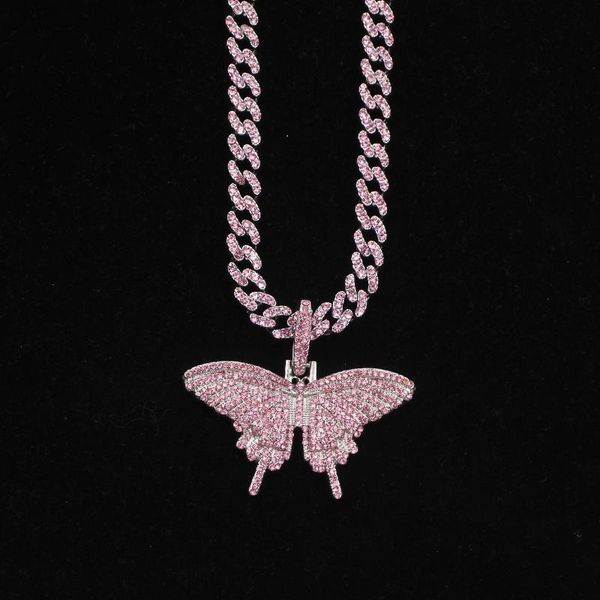 

chains 8mm12mm pink color butterfly pendant 59mm 77mm necklace charm women men 2021 fashion hip hop rock jewelry with cuban miami chain, Silver
