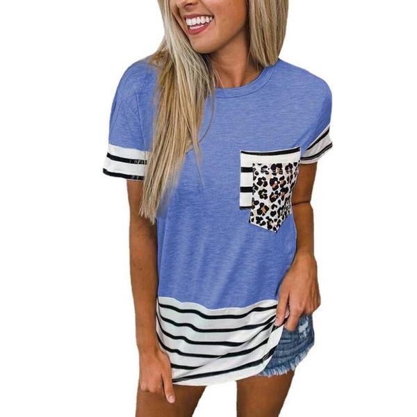 

explosive round neck striped splicing leopard tee shirt double pocket short-sleeved t-shirt women's, White