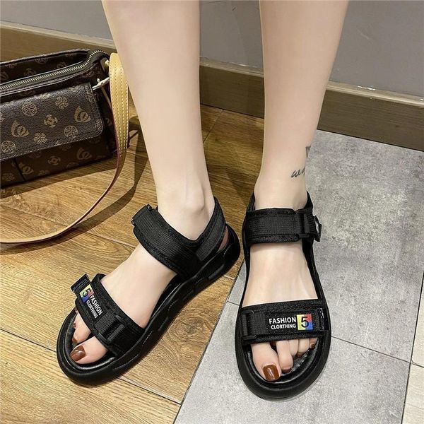 

sandals black hollow flat beach shoes stretch fabric hook & loop women summer open toe sports fashion platform