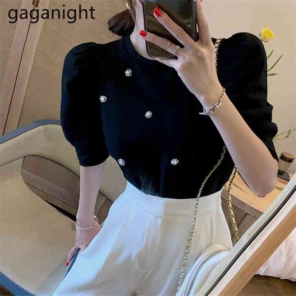 

vintage puff short sleeve women blouse summer casual lady o-neck black t shirt chic beading streetwear mujer 210601, White