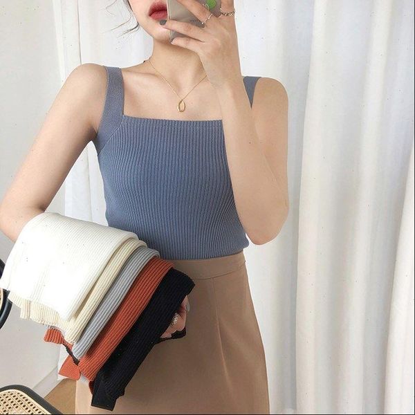 

summer square collar women tanks solid color sleeveless pullover knitted, White