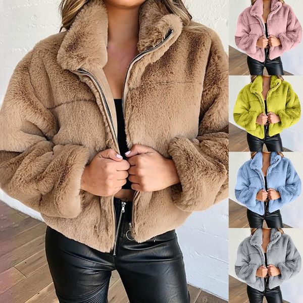 

women teddy coat winter faux fur thick plus size fluffy pockets plush jacket ladies autumn overcoat outerwear women's jackets, Black;brown