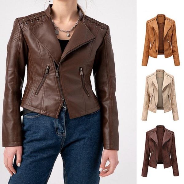 

women's jackets fashion turn-down collar pu faux leather woman slim short casual motor biker coat streetwear outwear, Black;brown